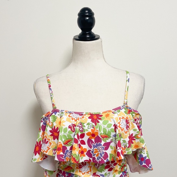 Shein Flounce Cold Shoulder One Piece Floral Bathing Suit NWOT Small Ruching - Picture 2 of 12